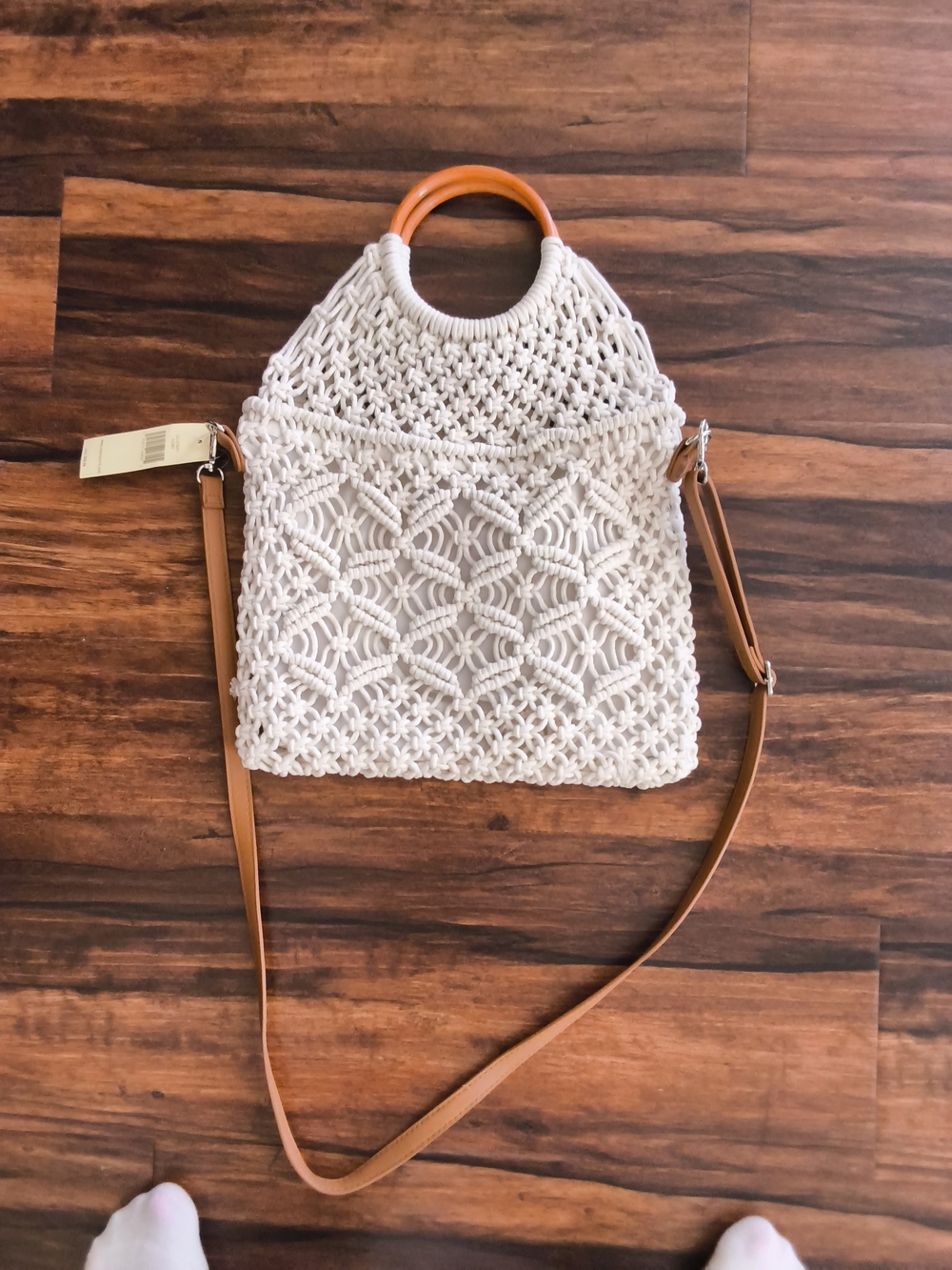 Cream Woven Crochet Crossbody Bag with Tan Adjustable Strap